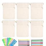 RICKMASK 6pcs DIY Blanko Stoffbeutel Stoff Federmäppchen zum Bemalen Blanko Kinder Stoffbeutel mit 4 Malvorlage+12 Farbstifte Stoffbeutel zum Bemalen für Basteln Kindergeburtstag Kosmetiktasche