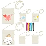 BouGPeng 6 Stück Stoffbeutel Zum Bemalen für Kinder Set Umhängegeldbeutel Kindergeburtstag DIY Graffiti Schultertasche Beige Stoff Geldbeutel Zum Bemalen Brustbeutel mit Reißverschluss für Mädchen