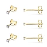 CERSLIMO 3 Paar 2mm Klein Ohrstecker für Damen Herren Mädchen 925 Silber 14K Gold Zirkonia Ohrringe Schmuck Geschenk