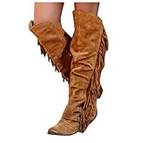 Dasongff Damen Kniestiefel Fransen Cowboy-Stiefel Fransen Klassischer Halbhohe Stiefel Mit Blockabsatz Vintage Spitz Stiefel Wildleder Kniehohe Booties