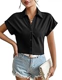 Weardear Damen Bluse V-Ausschnitt Hemd Elegant Kurzarm Tunika Tops Longshirt Oberteile mit Knöpfen T-Shirts Schwarz L