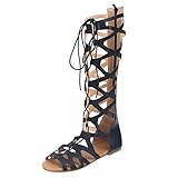 TOPEREUR Römersandalen aus Leder mit Beinschnürung, weite Passform, Sandalen Damen Sommerschuhe Flache Zehentrenner Schöne Sommersandalen