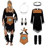 WELLCHY Indianer Kostüm Damen, Indianer Kleid Damen, Indianer Costume Damen Retro Ohrringe Haarband mit Federn, Indianerin Frauenkostüm Damen Indian Dress Western Wild West faschingskostüme Karneval