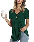 Ninee Damen Kurzarm T-Shirt Sommer V-Ausschnitt Tunika Tops lose Knopfleiste Bluse (Dark Green,Large)