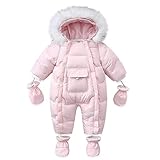 BRONG Baby Jungen Mädchen Winter Schneeanzug Kapuze Jacke Gestiefelt Strampler mit Handschuhen Kleinkind Overall mit abnehmbarem Pelzbesatz Rosa 12-18 Monate