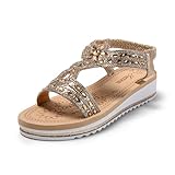 JOMIX Damen Sommer Bohemia Keilabsatz Sandalen mit Strass Strandsandalen Pantoletten Plateau Römersandalen (Gold, 40 EU, SD9024)