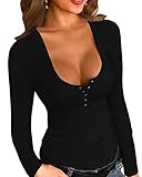 YBENLOVER Damen Henley Shirt Langarm V-Ausschnitt Tops Casual Button Down Shirts Sexy Slim Oberteile (M, Schwarz)