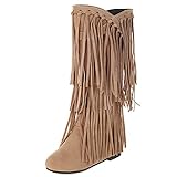 Roimaash Klassischer Franse Mokassin Stiefel Mid High Damen Low Heel Hohe Stiefel Wide Calf Winterstiefel Quasten Stiefel Flach Western Stiefel Wildleder Apricot 39