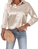 Beyove Bluse Damen Lässiges Hemd mit V-Ausschnitt Satin Seide Lockere Passform Oberteil Elegant Beige Muster L