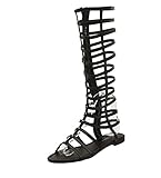 LvRao Damen Gladiator Römisch Sandalen Knie Stiefel Flache Sommer Strand Schuhe (Schwarz, EU 36)