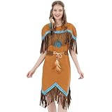 WELLCHY Indianer Kostüm Damen, Karneval Kostüm Damen Indianerin, Indianer Style Damen Kleid mit Feder Stirnband, Gürtel und Halskette, Indianerkostüm für Karneval Fasching Halloween Party Cosplay (L)