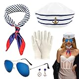 SKHAOVS 5 Stück Frauen Matrosen Kostüm Set,Matrosenmütze Sonnenbrille Quadratisches Set,Marine Outfit,Kapitänsmütze Seemann Kapitän Verkleidungsparty für Damen Yacht Party Halloween Cosplay (5 PCS)