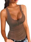 ELFIN Damen Gerippt Tank Top Sommer Sexy U-Ausschnitt Ribbed Top Ärmellos Slim Fit Basic Shirt Henley Tops mit Knopfleiste (S, Dunkelkaffee)