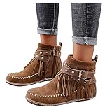 Fransen Stiefel Damen Stiefeletten Veloursleder Niedrige Absätze Rom Vintage Plateau Ankle Boots Knöchelstiefel Winter Schlupfstiefel Schuhe Round Toe Retro Short Ankle Flat Schuhe mit Schnalle