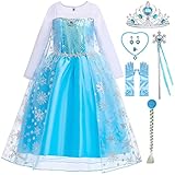 Snyemio Mädchen Prinzessinen Elsa Kleid Schneekönigin Kinder Kostüm Eiskönigin Verkleidung mit Zubehör Fasching Karneval Party, Blau, 116-122(Etikett 120)