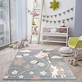 VIMODA Kinderteppiche Giraffe mit Schmetterling und Blumen | Kinderteppich für Mädchen und Jungs | Teppich für Kinderzimmer Blau | Schadstofffrei Kinderzimmerteppiche (Öko-Tex), Maße:120x170 cm