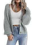 Hotouch Damen Strickjacke Damen Kurz V-Ausschnitt Knopfleiste Strick Cardigan Laternenärmel Gestrickte Jacke Elegant Casual Hellgrün Strickmantel Herbst M