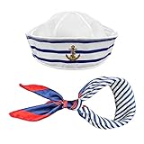 TSHAOUN Sailor Hat Schal Set für Männer und Frauen,Blau Weiß Gestreift Seemannsmütze Und Roter Blauer Schals für Mottoparty Cosplay VerkleidungKarneval Foto Requisiten Accessoires (2 Stück)