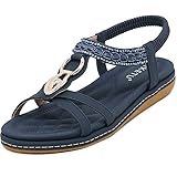 Acfoda Bohemian Sandalen Damen Sommer Flach Sandaletten Elegant Bequem Offene Sommerschuhe mit Strass und Weiches Fußbett Blau 38 EU