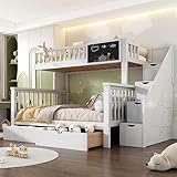 ZYLOYAL10 Kinder-Etagenbett, 90 * 200, 140 * 200cm Doppelbett, multifunktionales Kinderbett, mit Tafel und Schubladen, ohne Matratze, Weiß