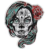 La Calavera Catrina Aufnäher Dia de los muertos Patch bestickt Aufbügler Totenkopf - Sugar Skull mexikanischer Zuckerschädel Emblem mit Rose - Totenkopf Applikation zum aufbügeln - 80x100mm