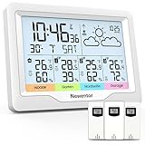Newentor Wetterstation - 3 Außensensoren mit Lebenslanger Garantie - Indoor Outdoor Thermometer Hygrometer mit DIY Label, Wettervorhersage, DCF-Funkuhr (Weiß)
