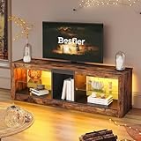 Bestier TV Schrank, Fernsehtisch 140CM Modernes TV Board mit Glasregal RGB LED Beleuchtet für 65' TVs, TV Fernsehschrank mit Ambient Lights für Wohnzimmer Schlafzimmer Unterhaltungsgerät, Braun