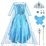 URAQT ELSA Kostüm Kinder Mädchen, 9-teiliges Set ELSA Kleid Kinder mit Krone Diadem Handschuhe Zauberstab für Weihnachten Verkleidung Karneval Halloween Geburtstag Party(110)