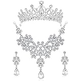 Darryy Brautschmuck-Set, 4 Stück Brautschmuck Set mit Diadem, Zirkonblatt Brautschmuck Set, Brautschmuck Set Silber, Halskette und Ohrringe, Hochzeit Luxus Schmuck, Glitzernde Strasssteine