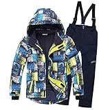 LPATTERN Kinder Jungen/Mädchen Skifahren Bekleidung 2 Teilig Schneeanzug Skianzug(Skijacke+ Skihose), Blau Gelb Jacke+ Dunkelblau Trägerhose, 110