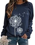 Dresswel Damen Löwenzahn Sweatshirt Langarmshirt Pusteblume Drucken Pullover Herbst Winter Bluse Tops Oberteile(Navy,XL)