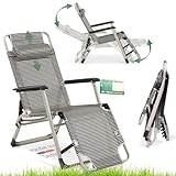 maxVitalis Relax Liegestuhl klappbar Campingstuhl mit Fußablage (verstellbar) und Armlehne, Sonnenliege Feltbett bis 200 kg, Rahmen Stahlrohr, grau