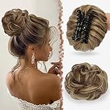 FESHFEN Haarteile Dutt mit Klammer Lockig Wellig Haargummi mit Haaren Klammer Clip in Haarknoten Synthetik Haar Scrunchies Haardutt Haarteile für Damen 1PCS, Braun mix Blond