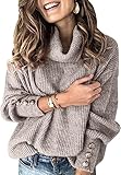 Wenrine Damen Rollkragen Pullover Winter Langarm Lose Strickpullover Casual Warm Gestrickt mit Metallknöpfen