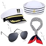 NETUME 4 Stück Kapitänsmütze Matrosenmütze Schal und Sonnenbrille, Kapitänsmütze Herren Ideal Matrosen Kostüm, Partyhut Marine Mütze Damen/Männer Marine Hut Kapitän Accessoires für Party Cosplay