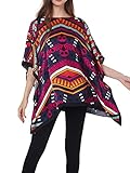 Prettystern Damen 100% Seidentunika Sommer Seide Bluse Poncho blau pink Ethno-Muster 1