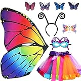 9 Stück Schmetterling Kostüm Kinder Mädchen,Schmetterlingsflügel Kostüm Kinder,Schmetterling umhang kind mit Maske und Tutu Rock,Faschingskostüme Kinder Mädchen mit Face Art Sticker Schmetterling