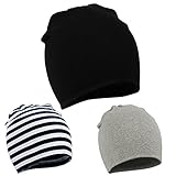 Durio Baby Mütze Jungen Mädchen Unisex Babymütze Kleinkind Wendemütze Jersey Slouch Beanie Mütze Infant Hut 3er Pack Schwarz Streifen u. Hellgrau 1-4 Jahre