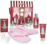 BRUBAKER Cosmetics Bade- und Dusch Set Winter Beeren Duft - 6-teiliges Geschenkset mit extra weichen Plüsch Hausschuhen rosa - Weihnachtsset für Freundin