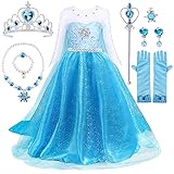 Prinzessin Kleid Mädchen, Eiskönigin Elsa Kleid mit Elsa Krone Zauberstab Halsketten-Set, Abendkleid Lang Elsa Prinzessin Kostüm Mädchen für Hochzeit Cosplay Karneval Hochzeit Geburtstagsfeier (120)