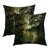 Batmerry Sap Green Outdoor Green Forest Throw Pillow Covers,Brown Fairy Fawns Decorative Pillow Covers Digital Printing Linen Blended for Couch Sofa Bed Invisible Zipper 22X22 In