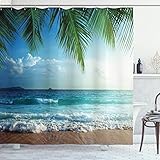 Ambesonne Ocean Shower Curtain, Palms Tropical Island Beach Seashore Water Waves Hawaiian Nautical Marine, Cloth Fabric Bathroom Decor Set with Hooks, 75 Inches Long, Blue Green Turquoise
