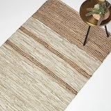 Homescapes Lederteppich braun beige gestreift 120x170 cm, Webteppich Braun-Töne aus Recycling-Leder & Jute
