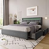 Bett mit Stauraum & LED-Beleuchtung, 4 Schubladen, Samt-Stoff Polsterbett Doppelbett, Lattenrost aus Holz, (Grau, 140 x 200 cm)