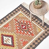 Homescapes Kelim-Teppich Jaipur, handgewebt aus Wolle/Baumwolle, 160 x 230 cm, bunter Wollteppich/Baumwollteppich mit geometrischem Muster und Fransen