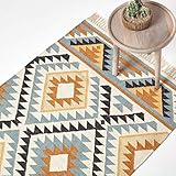 Homescapes Kelim-Teppich/Vorleger Agra, handgewebt aus Wolle/Baumwolle, 90 x 150 cm, bunter Wollteppich/Baumwollteppich mit geometrischem Muster und Fransen, Gold-grau-schwarz